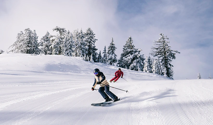 Skiers on fresh groomed trails at Mt. Bachelor during Winter.